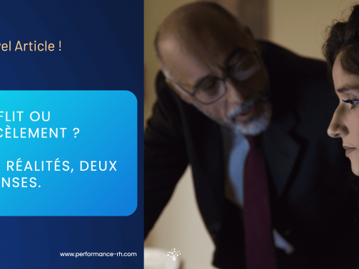 Un manager s’adresse à une collaboratrice en soirée, illustrant la différence entre conflit professionnel et harcèlement moral.