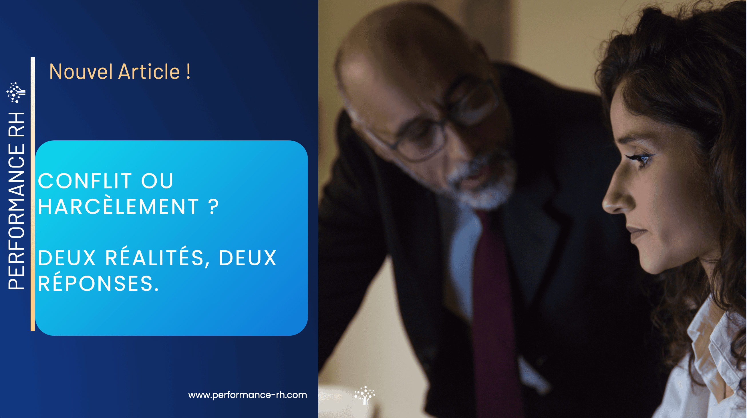 Un manager s’adresse à une collaboratrice en soirée, illustrant la différence entre conflit professionnel et harcèlement moral.
