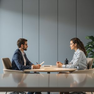 Responsable RH menant un entretien confidentiel avec une salariée dans le cadre d’une enquête interne sur les risques psychosociaux.