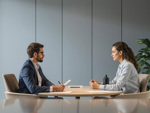 Responsable RH menant un entretien confidentiel avec une salariée dans le cadre d’une enquête interne sur les risques psychosociaux.