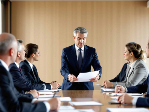 Directeur RH présentant un plan de prévention à un comité de direction en réunion, illustrant la gouvernance RH et la prévention des risques psychosociaux.