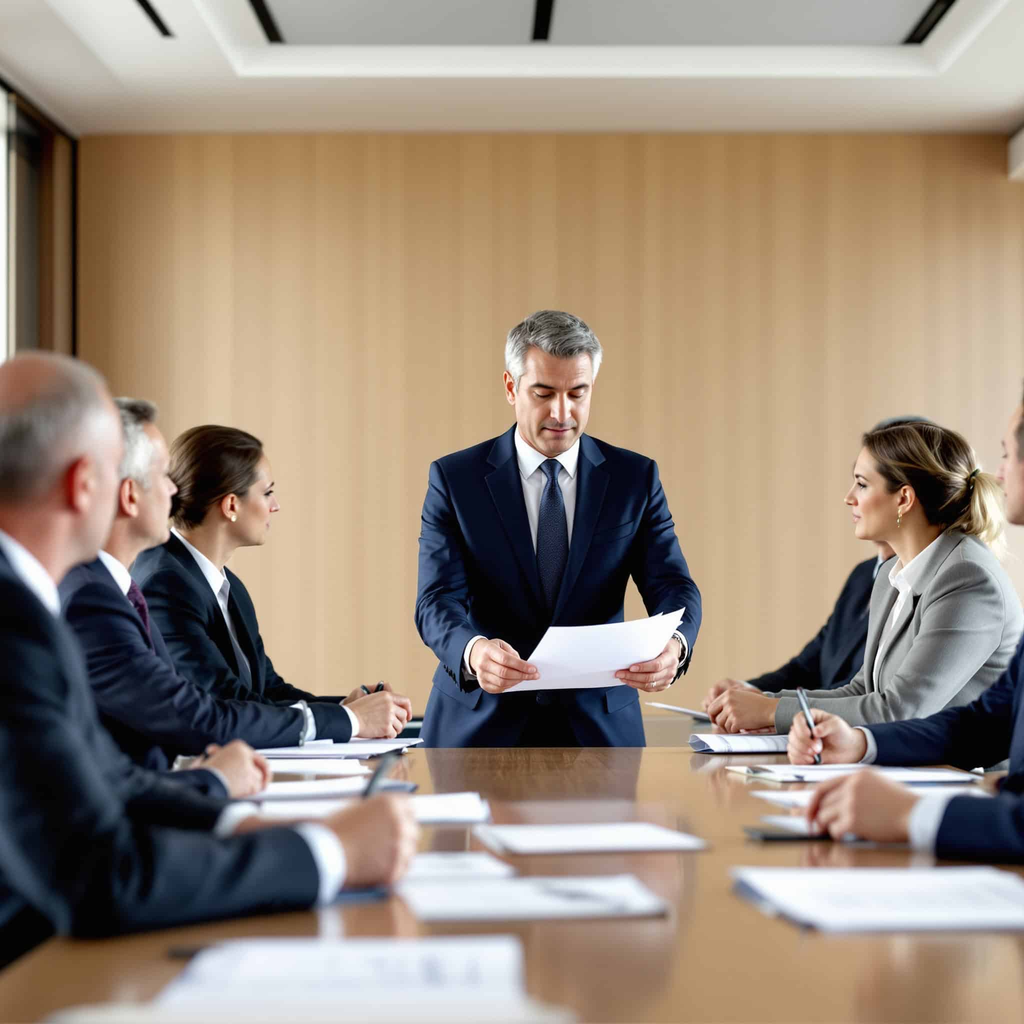 Directeur RH présentant un plan de prévention à un comité de direction en réunion, illustrant la gouvernance RH et la prévention des risques psychosociaux.