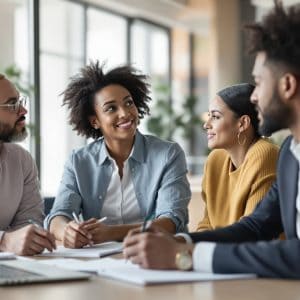 Équipe multiculturelle en réunion dans un bureau moderne, illustrant la santé mentale et la qualité de vie au travail (QVCT).
