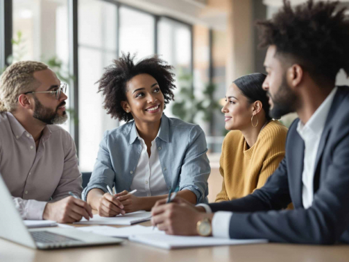 Équipe multiculturelle en réunion dans un bureau moderne, illustrant la santé mentale et la qualité de vie au travail (QVCT).