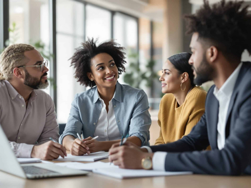 Équipe multiculturelle en réunion dans un bureau moderne, illustrant la santé mentale et la qualité de vie au travail (QVCT).