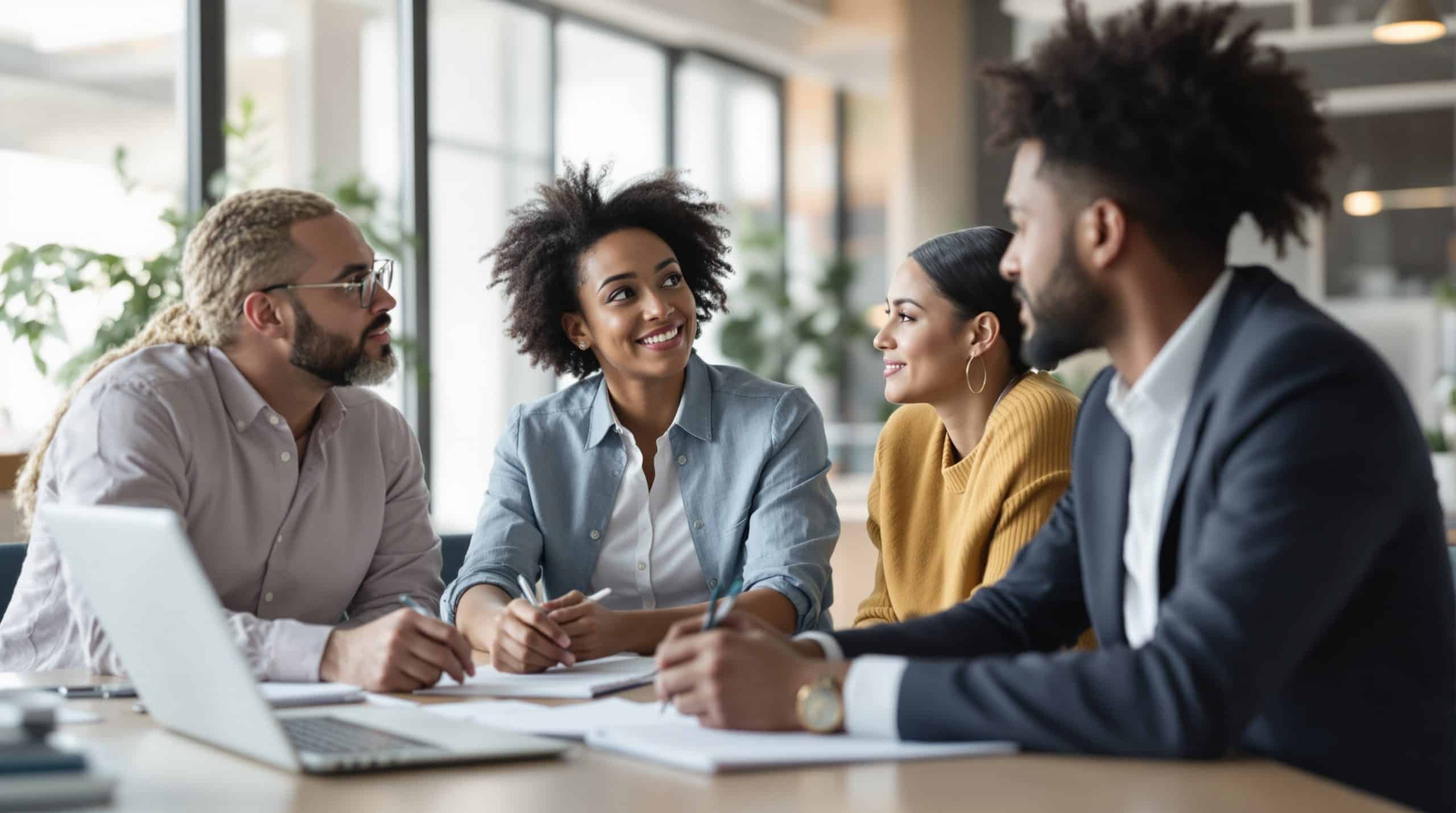 Équipe multiculturelle en réunion dans un bureau moderne, illustrant la santé mentale et la qualité de vie au travail (QVCT).