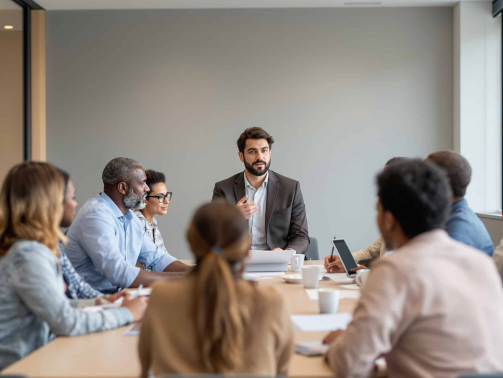 Manager intermédiaire animant une réunion d’équipe sur la qualité de vie et les conditions de travail (QVCT) dans une organisation.