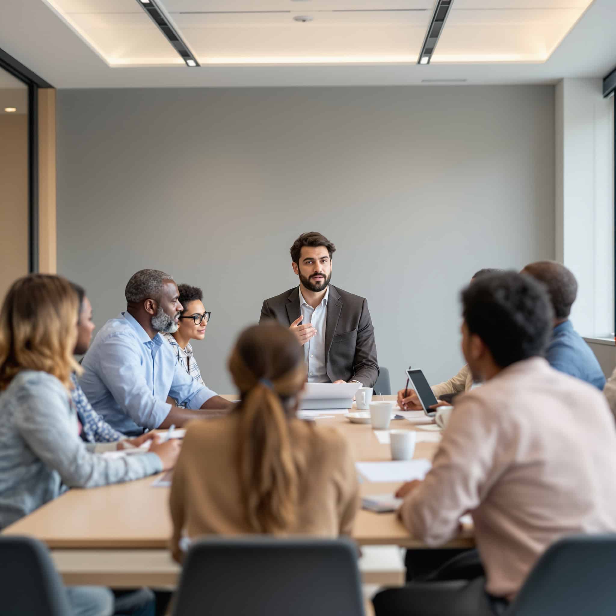 Manager intermédiaire animant une réunion d’équipe sur la qualité de vie et les conditions de travail (QVCT) dans une organisation.