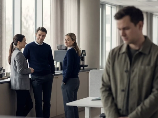 Groupe de collègues échangeant un rire discret tandis qu’un salarié isolé, flou au premier plan, semble mis à l’écart ; illustration de l’humour toxique et des dynamiques relationnelles pouvant précéder un harcèlement moral.