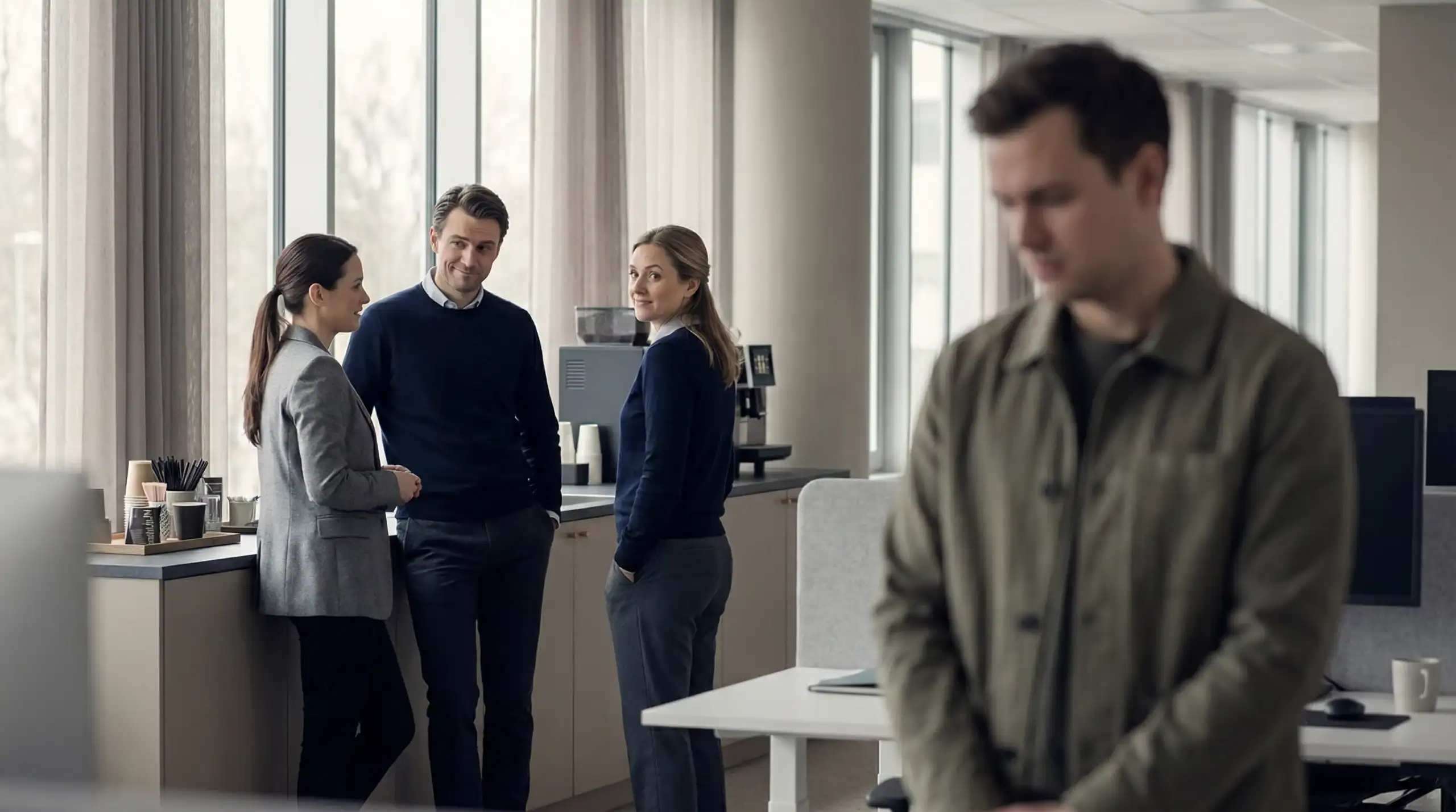 Groupe de collègues échangeant un rire discret tandis qu’un salarié isolé, flou au premier plan, semble mis à l’écart ; illustration de l’humour toxique et des dynamiques relationnelles pouvant précéder un harcèlement moral.