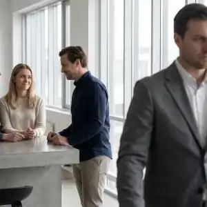 Employé concentré et isolé devant son ordinateur tandis que trois collègues discutent en arrière-plan ; illustration de la surcharge de travail et de l’isolement professionnel.