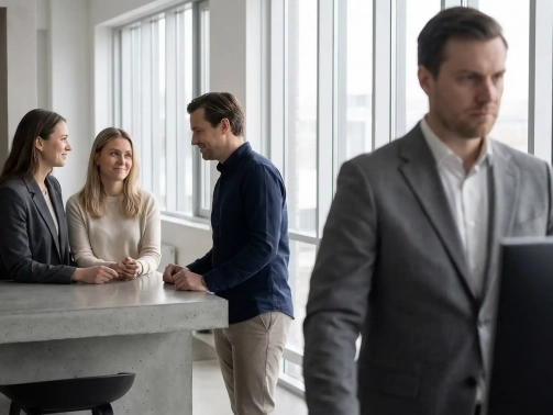 Employé concentré et isolé devant son ordinateur tandis que trois collègues discutent en arrière-plan ; illustration de la surcharge de travail et de l’isolement professionnel.