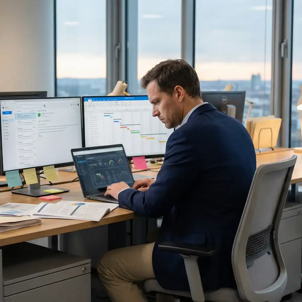 Manager seul dans un bureau moderne, travaillant sur plusieurs écrans et dossiers papier, illustrant la surcharge cognitive et la pression décisionnelle des fonctions managériales.