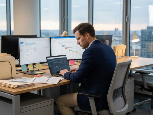 Manager seul dans un bureau moderne, travaillant sur plusieurs écrans et dossiers papier, illustrant la surcharge cognitive et la pression décisionnelle des fonctions managériales.