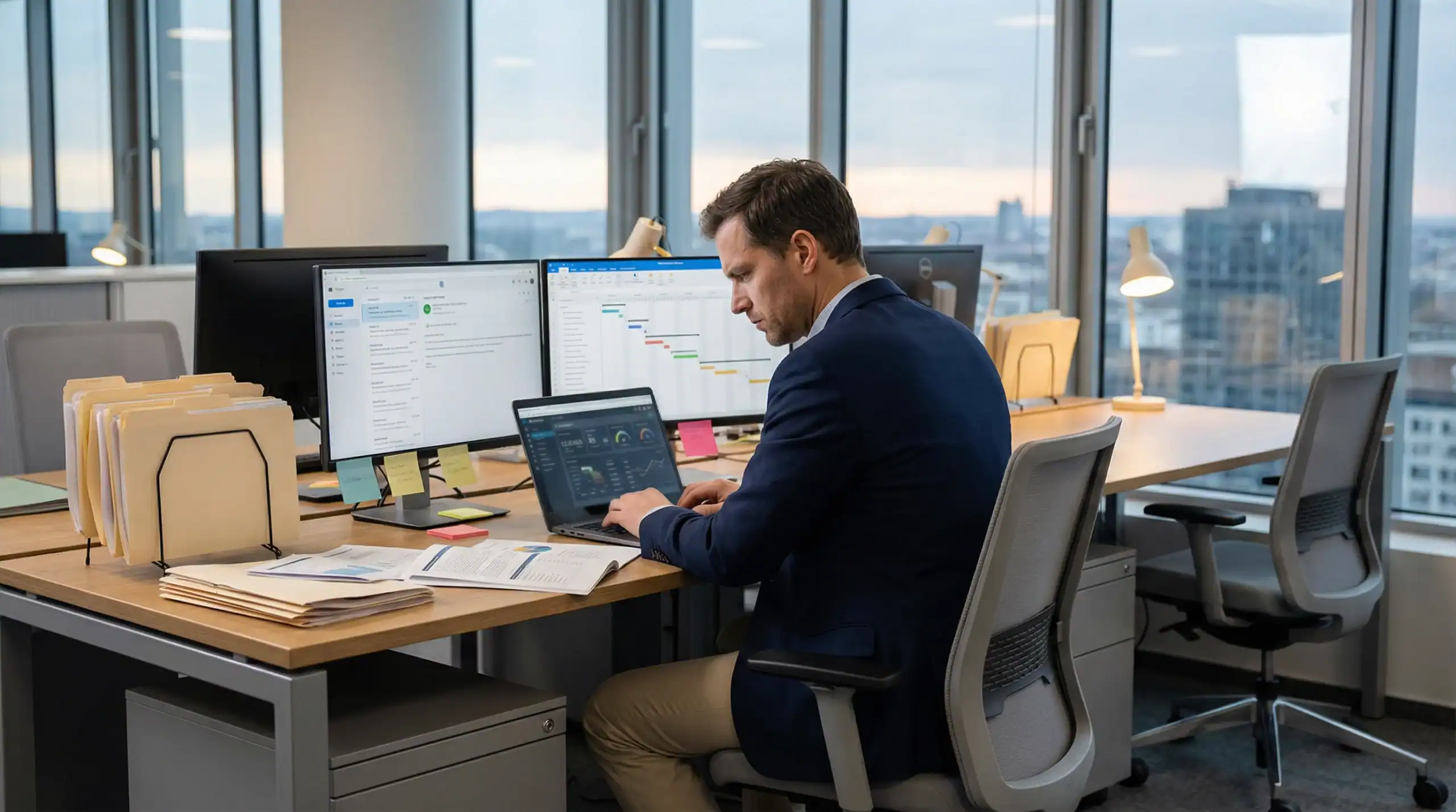 Manager seul dans un bureau moderne, travaillant sur plusieurs écrans et dossiers papier, illustrant la surcharge cognitive et la pression décisionnelle des fonctions managériales.