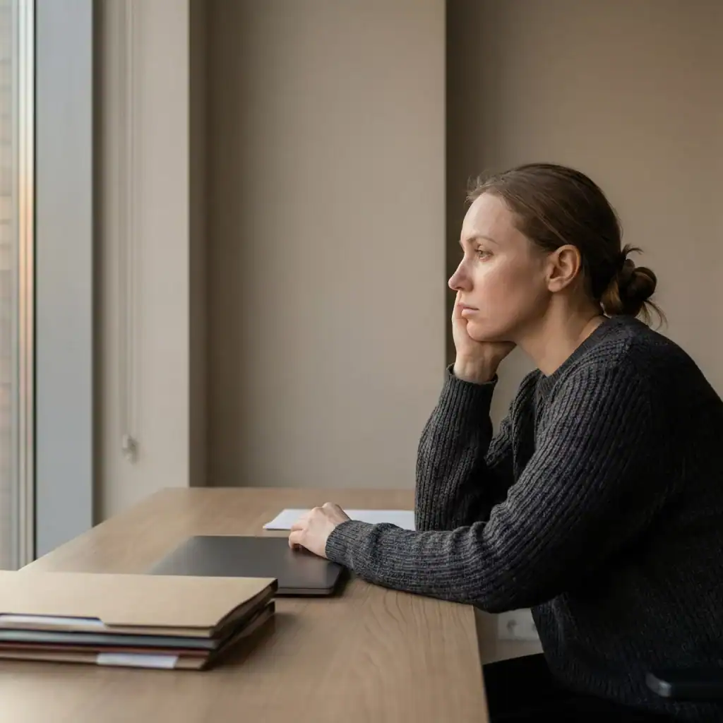 Manager confrontée à une charge mentale silencieuse au travail, illustrant les risques psychosociaux et les signaux faibles de désengagement