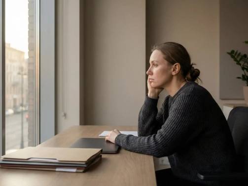 Manager confrontée à une charge mentale silencieuse au travail, illustrant les risques psychosociaux et les signaux faibles de désengagement