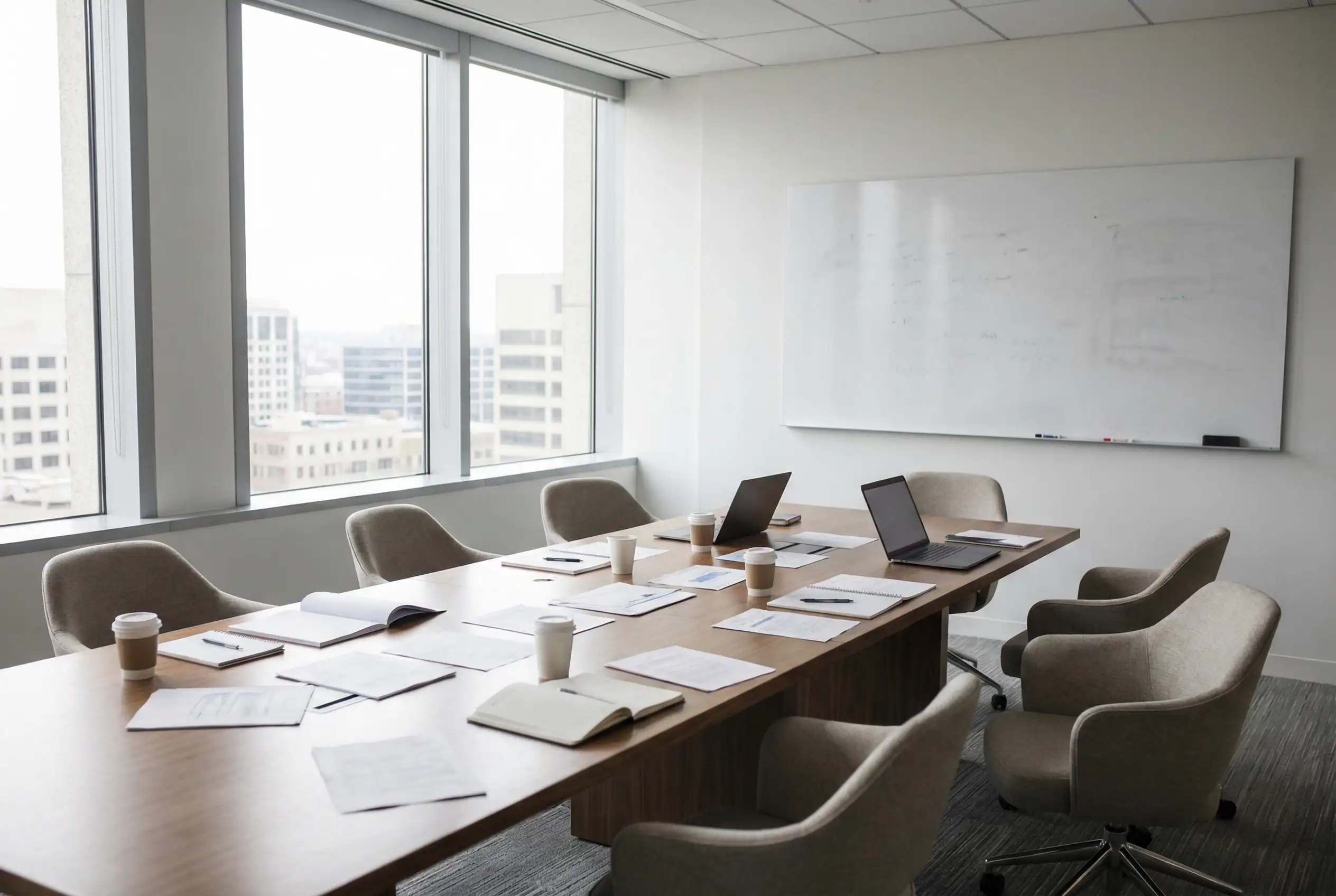 Salle de réunion vide illustrant le silence organisationnel et les limites des baromètres internes dans la prévention des risques psychosociaux