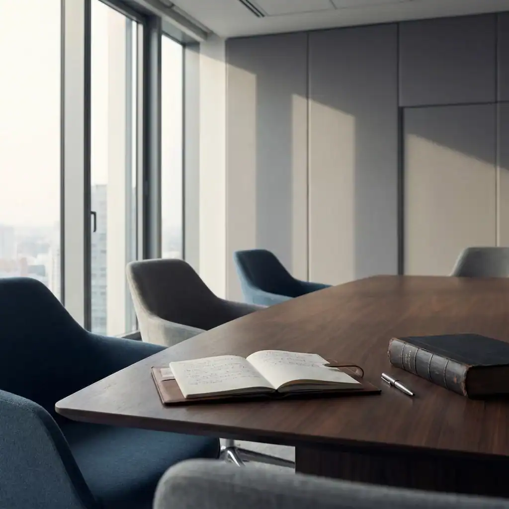 Salle de réunion d’entreprise vide, table en bois avec carnet ouvert et code juridique, symbolisant la responsabilité de l’employeur et la prévention des risques au travail.