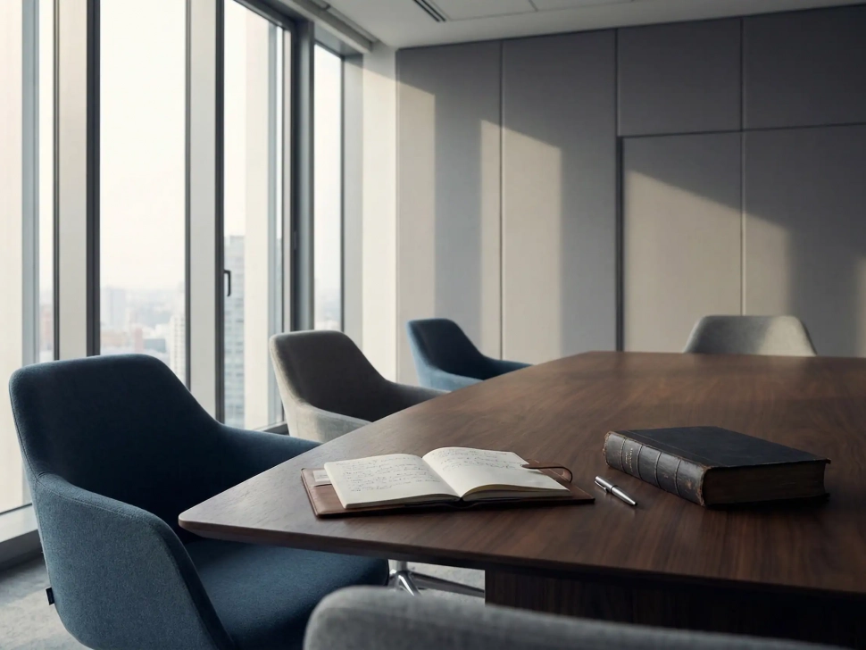 Salle de réunion d’entreprise vide, table en bois avec carnet ouvert et code juridique, symbolisant la responsabilité de l’employeur et la prévention des risques au travail.