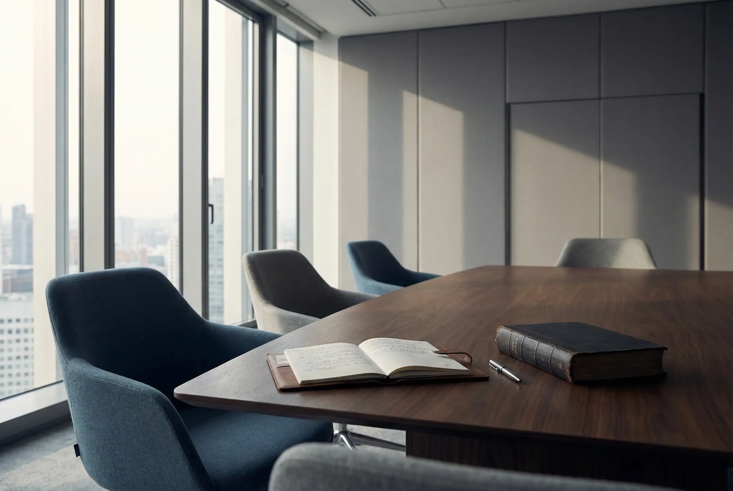 Salle de réunion d’entreprise vide, table en bois avec carnet ouvert et code juridique, symbolisant la responsabilité de l’employeur et la prévention des risques au travail.