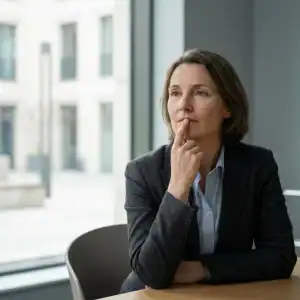 Professionnelle en situation de réflexion illustrant le silence des équipes comme signal organisationnel avant un plan de sauvegarde de l’emploi