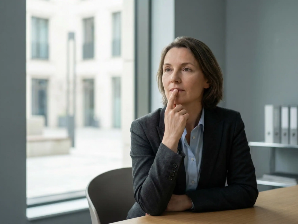 Professionnelle en situation de réflexion illustrant le silence des équipes comme signal organisationnel avant un plan de sauvegarde de l’emploi