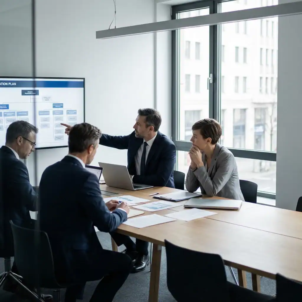 Réunion de direction analysant un plan d’intégration après fusion-acquisition et ses impacts organisationnels sur les équipes