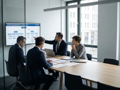 Réunion de direction analysant un plan d’intégration après fusion-acquisition et ses impacts organisationnels sur les équipes