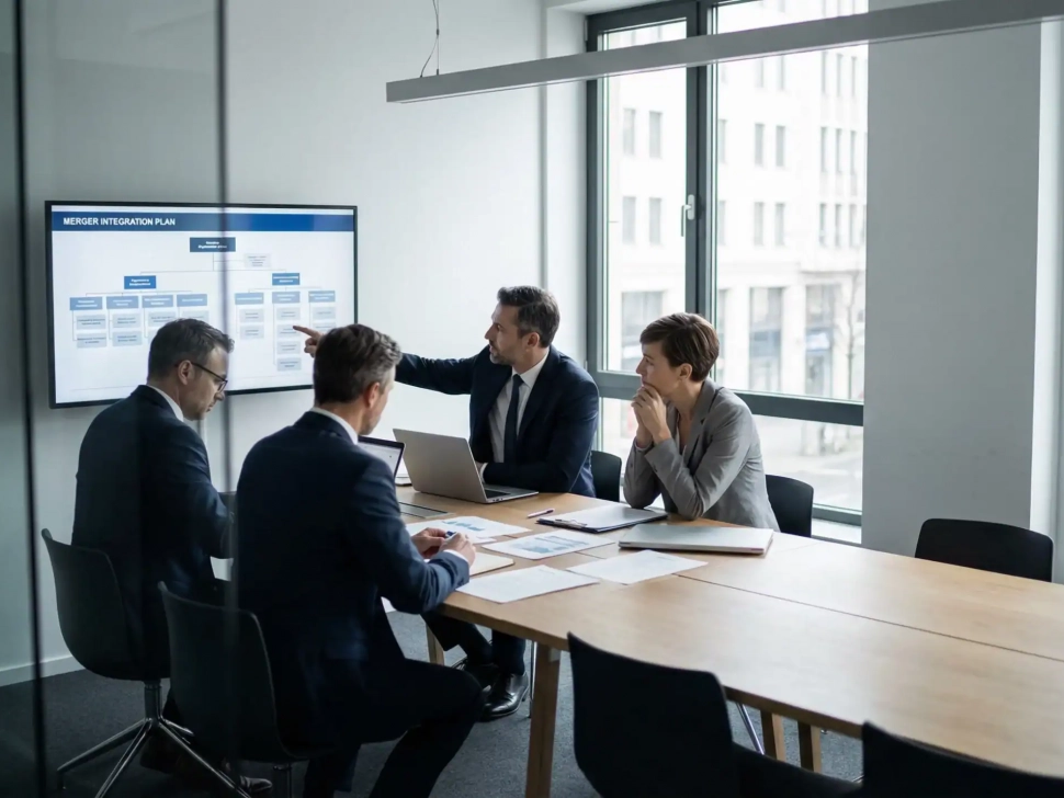 Réunion de direction analysant un plan d’intégration après fusion-acquisition et ses impacts organisationnels sur les équipes