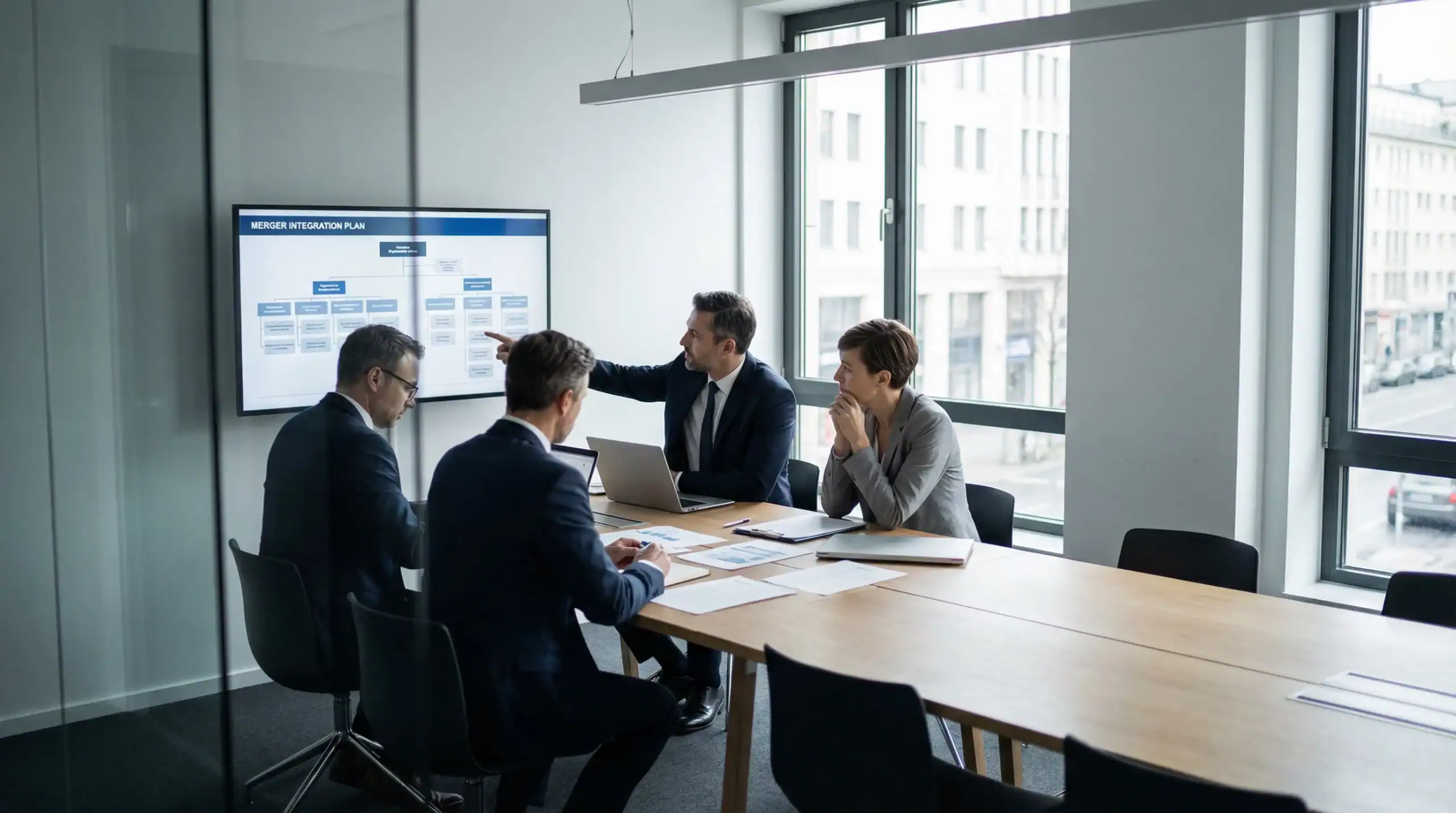 Réunion de direction analysant un plan d’intégration après fusion-acquisition et ses impacts organisationnels sur les équipes