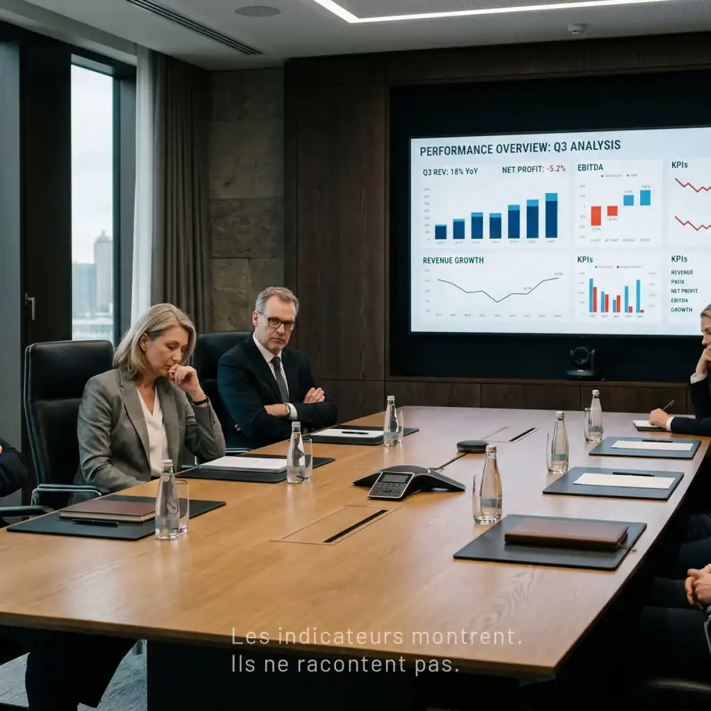 Réunion de direction avec indicateurs de performance affichés et tension visible entre les équipes