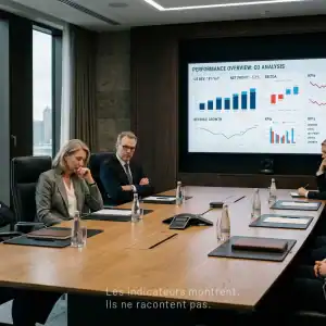 Réunion de direction avec indicateurs de performance affichés et tension visible entre les équipes