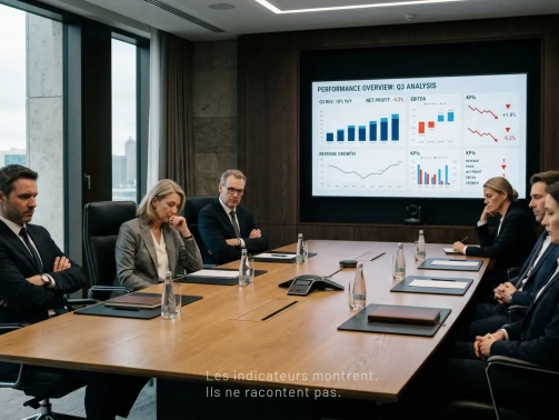 Réunion de direction avec indicateurs de performance affichés et tension visible entre les équipes