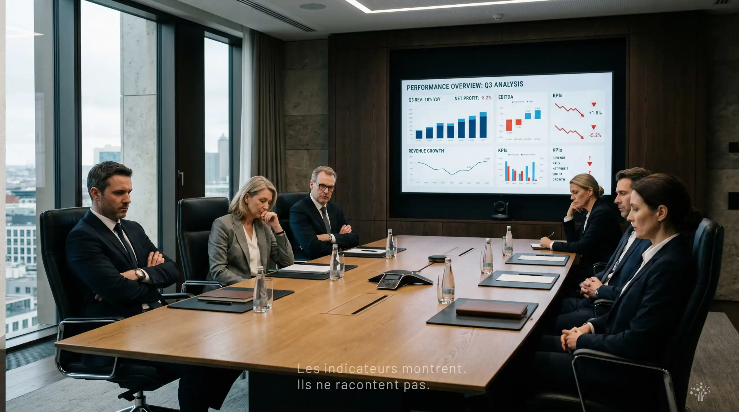 Réunion de direction avec indicateurs de performance affichés et tension visible entre les équipes