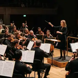 Chef d'orchestre dirigeant des musiciens jouant des partitions différentes, illustrant les injonctions contradictoires au travail et les risques psychosociaux liés aux objectifs organisationnels incompatibles.