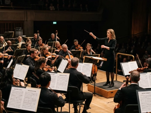 Chef d'orchestre dirigeant des musiciens jouant des partitions différentes, illustrant les injonctions contradictoires au travail et les risques psychosociaux liés aux objectifs organisationnels incompatibles.