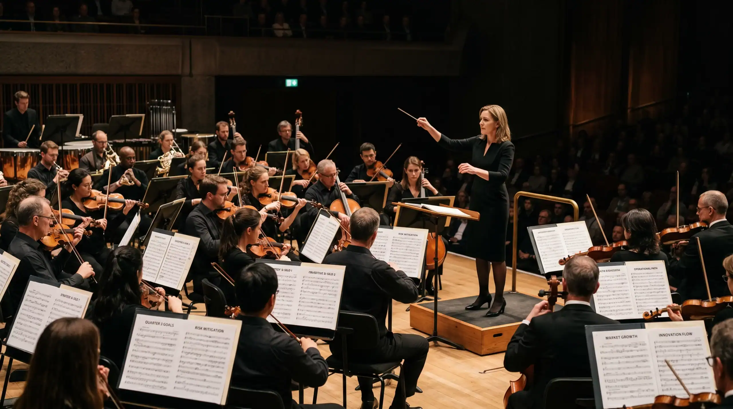 Chef d'orchestre dirigeant des musiciens jouant des partitions différentes, illustrant les injonctions contradictoires au travail et les risques psychosociaux liés aux objectifs organisationnels incompatibles.