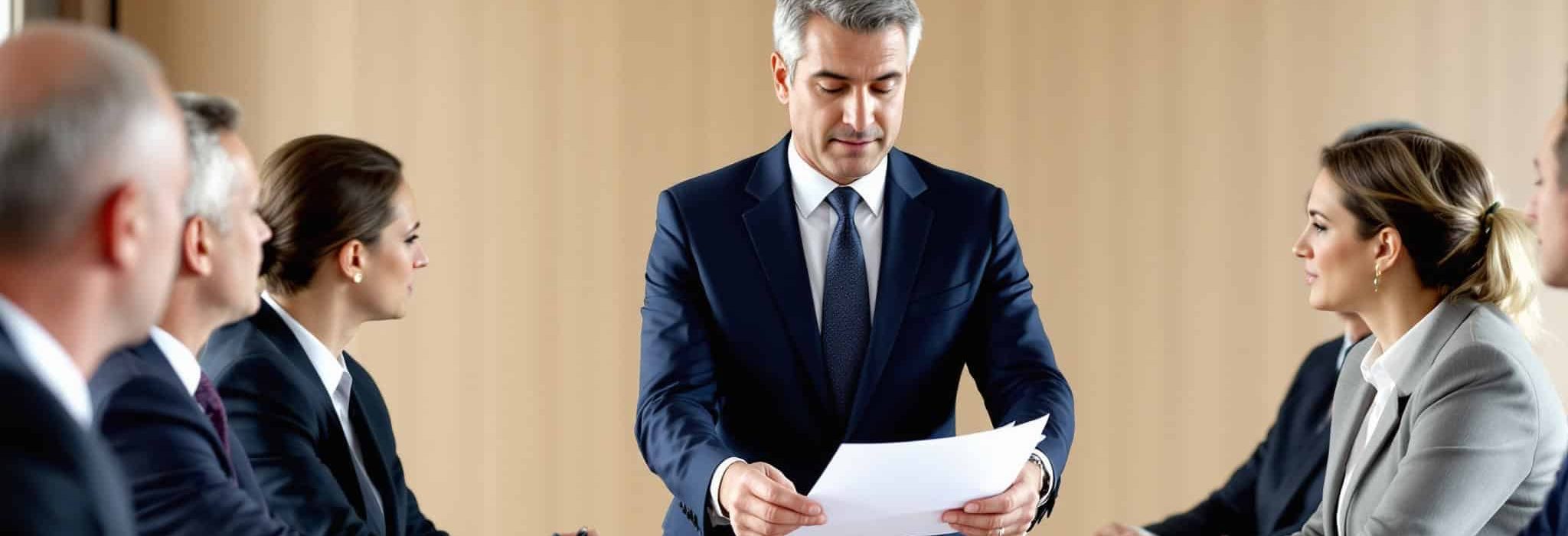 Directeur RH présentant un plan de prévention à un comité de direction en réunion, illustrant la gouvernance RH et la prévention des risques psychosociaux.