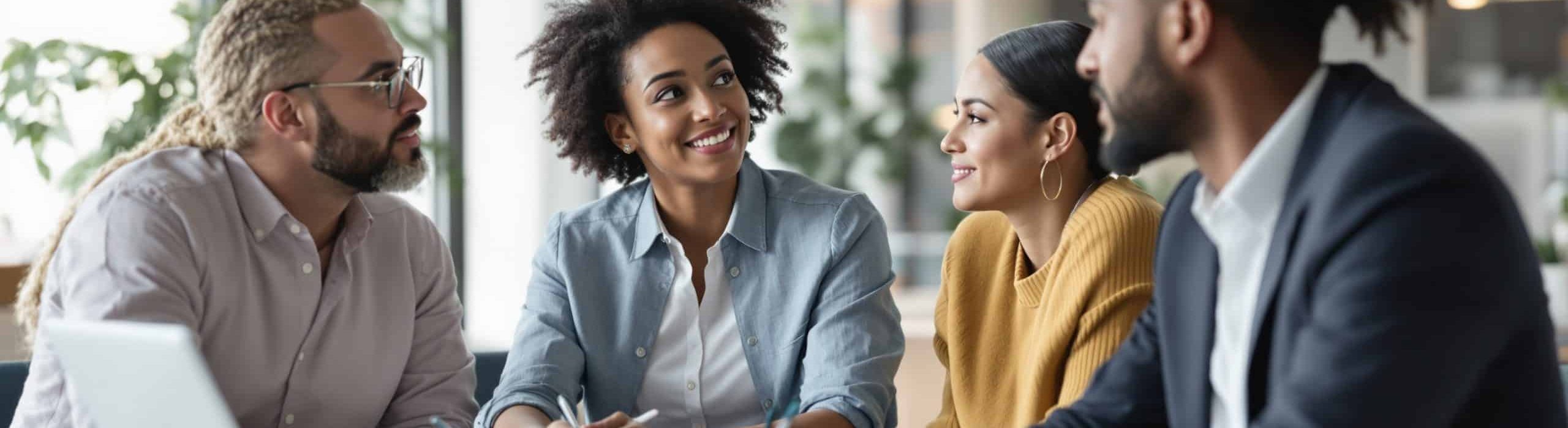 Équipe multiculturelle en réunion dans un bureau moderne, illustrant la santé mentale et la qualité de vie au travail (QVCT).