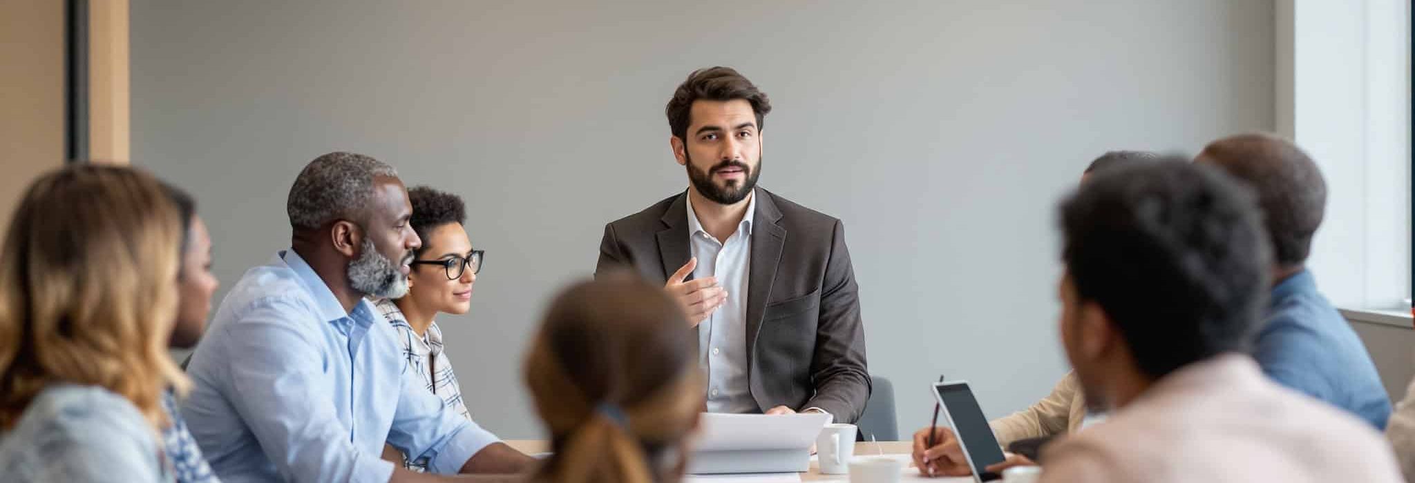 Manager intermédiaire animant une réunion d’équipe sur la qualité de vie et les conditions de travail (QVCT) dans une organisation.