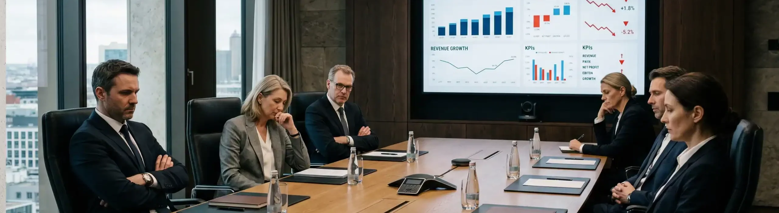 Réunion de direction avec indicateurs de performance affichés et tension visible entre les équipes