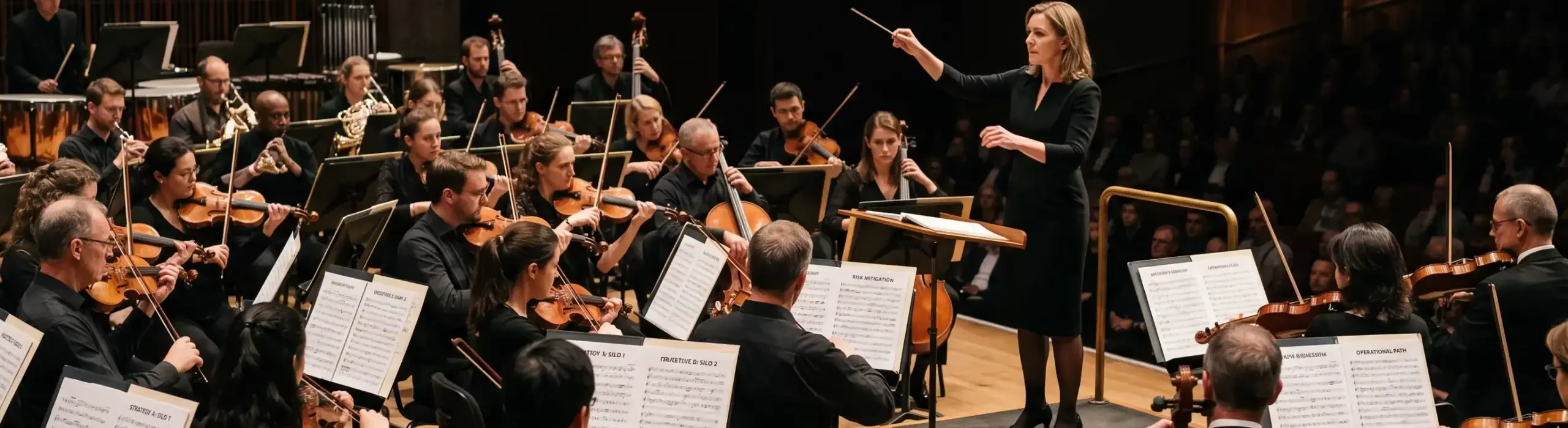 Chef d'orchestre dirigeant des musiciens jouant des partitions différentes, illustrant les injonctions contradictoires au travail et les risques psychosociaux liés aux objectifs organisationnels incompatibles.