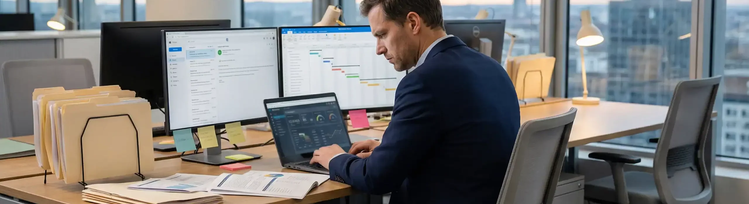 Manager seul dans un bureau moderne, travaillant sur plusieurs écrans et dossiers papier, illustrant la surcharge cognitive et la pression décisionnelle des fonctions managériales.